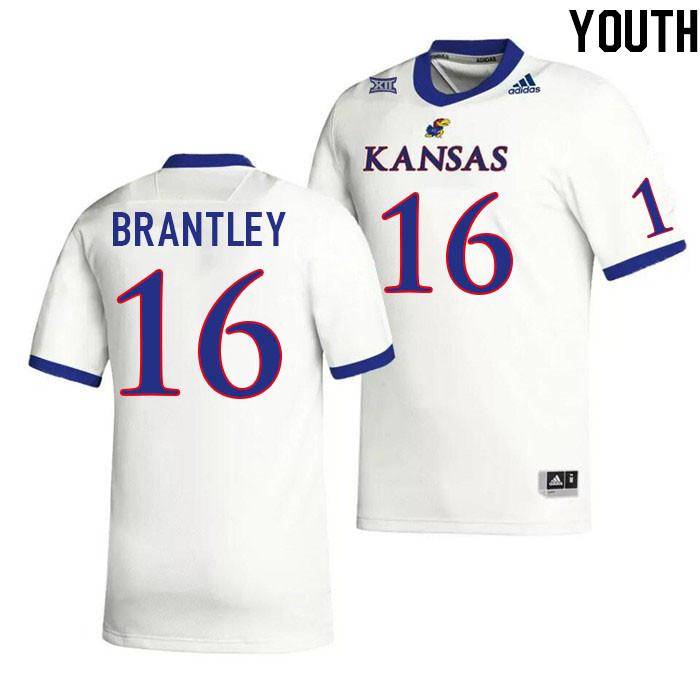 Youth #16 Logan Brantley Kansas Jayhawks College Football Jerseys Stitched Sale-White - Click Image to Close